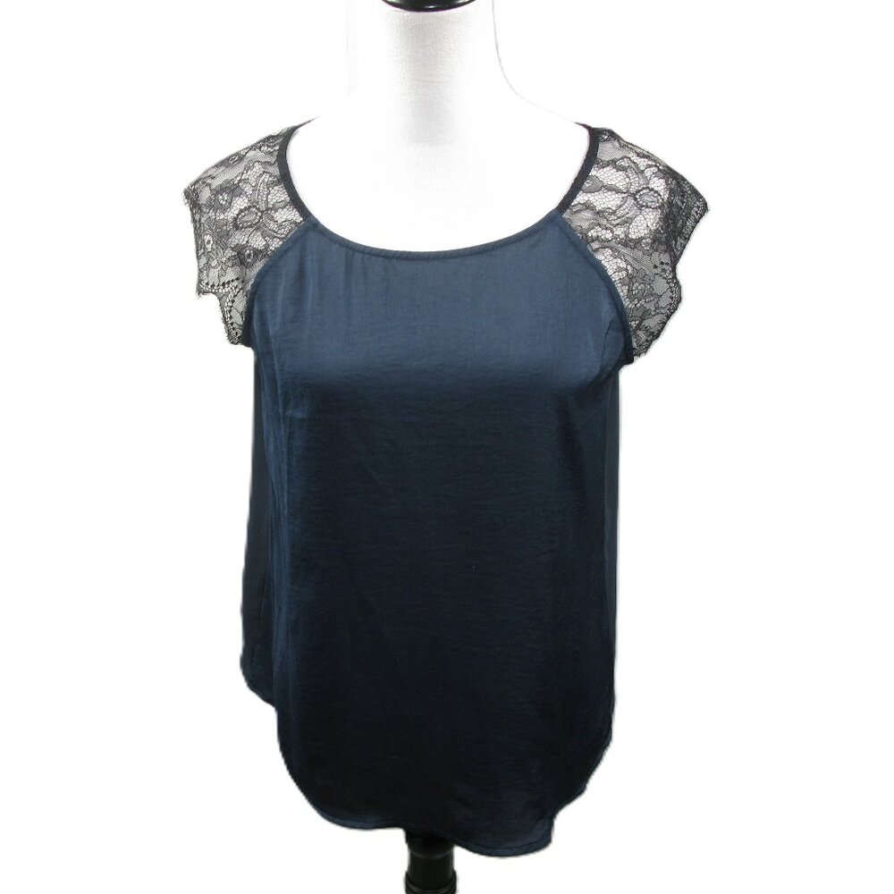 Guess Navy Blue/Black Lace Cap Sleeve Blouse Size Large